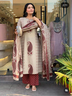 Elegant Cotton 60-60 Paisley Print Kurti with Plazzo & Dupatta Set