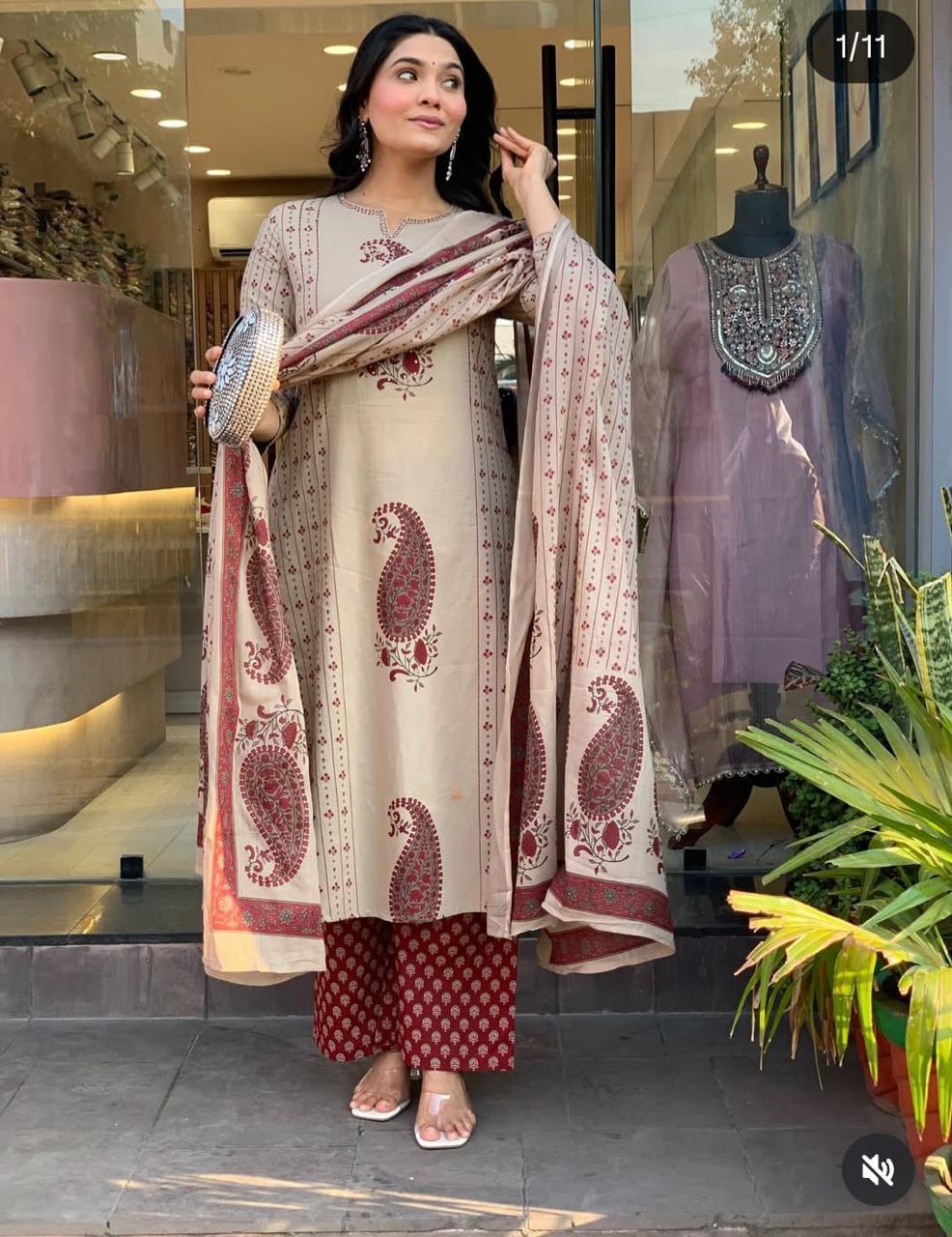 Elegant Cotton 60-60 Paisley Print Kurti with Plazzo & Dupatta Set