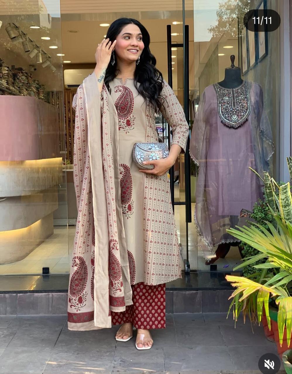 Elegant Cotton 60-60 Paisley Print Kurti with Plazzo & Dupatta Set