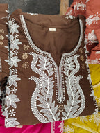 Premium Cotton 60-60 White Lucknowi Computer Embroidery Kurta Pant Dupatta Set
