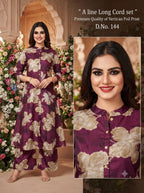 Stylish Premium Rayon A-Line Long Co-ord Set with Gold Foil Print