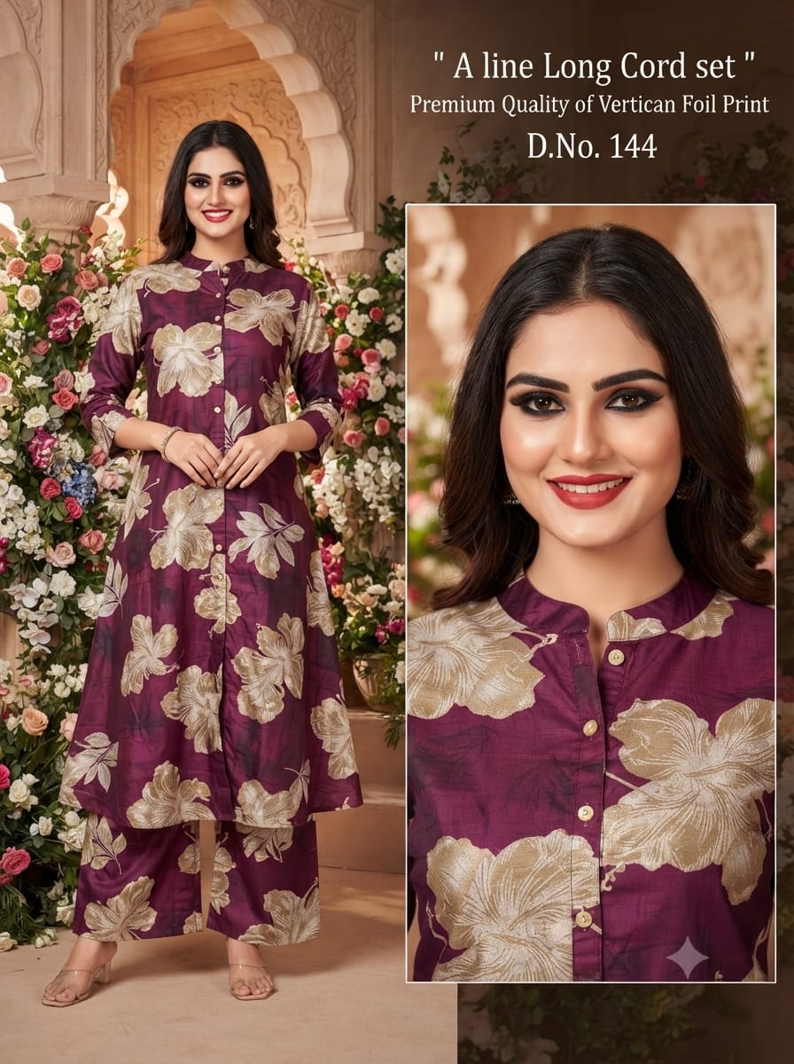 Stylish Premium Rayon A-Line Long Co-ord Set with Gold Foil Print