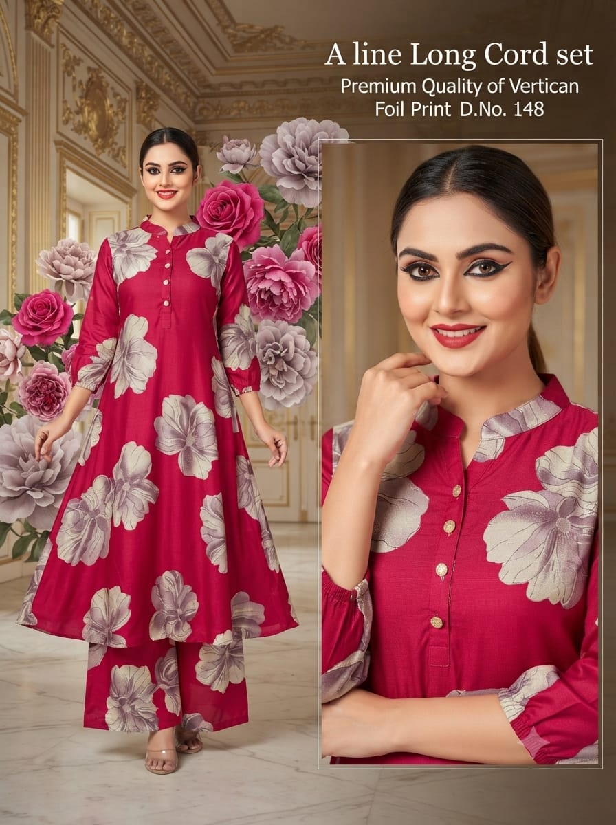 Stylish Premium Rayon A-Line Long Co-ord Set with Gold Foil Print