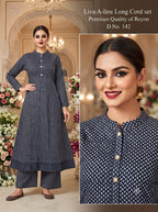 Stylish Premium Rayon A-Line Long Co-ord Set with Gold Foil Print
