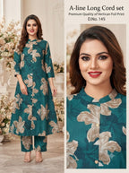 Stylish Premium Rayon A-Line Long Co-ord Set with Gold Foil Print