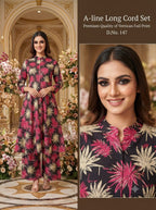 Stylish Premium Rayon A-Line Long Co-ord Set with Gold Foil Print
