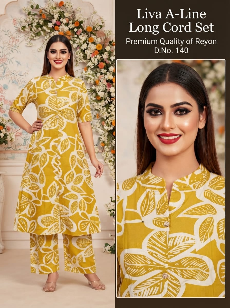 Stylish Premium Rayon A-Line Long Co-ord Set with Gold Foil Print