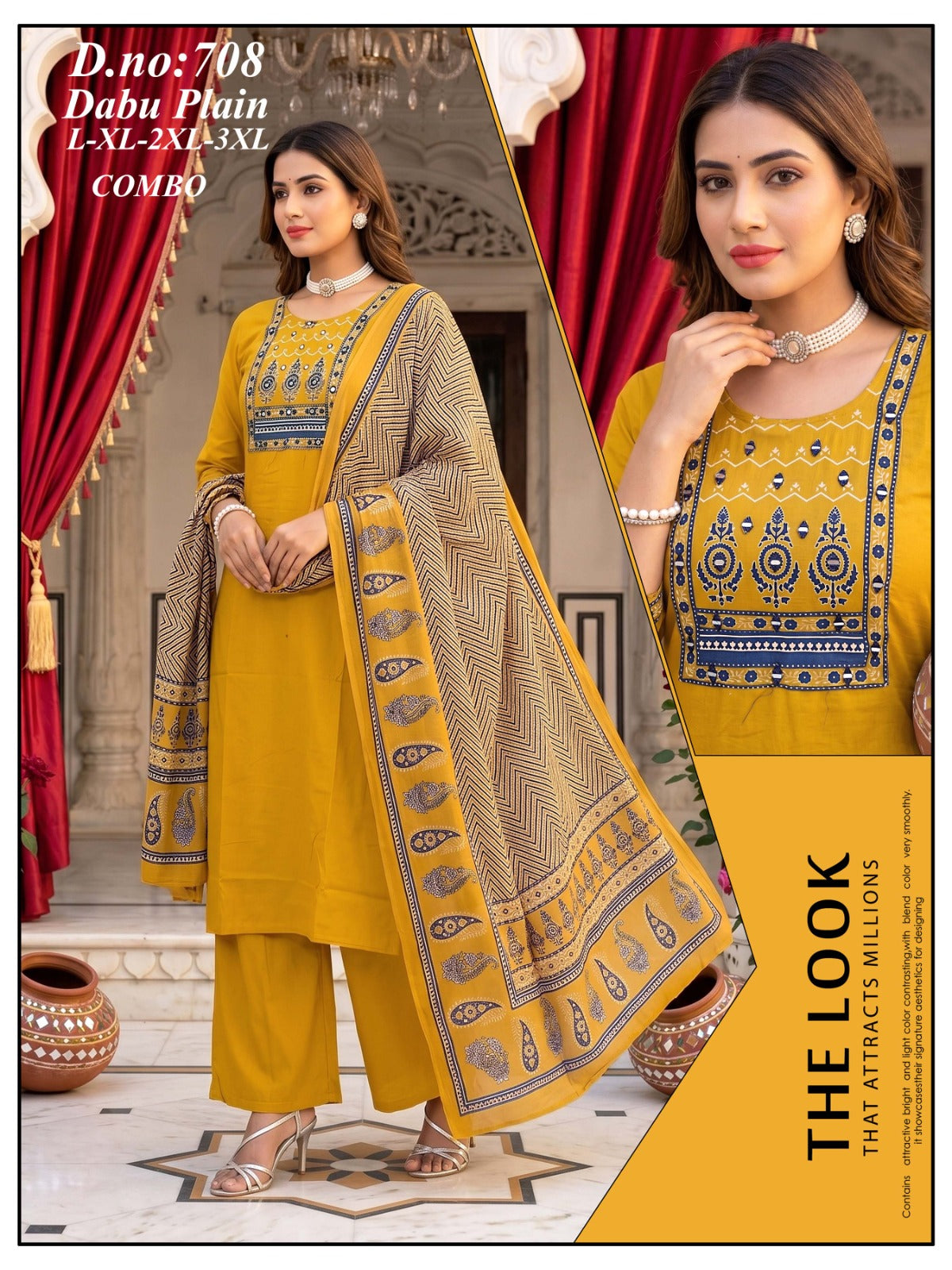 Graceful Dabu Cotton Kurti with Palazzo & Designer Dupatta Set