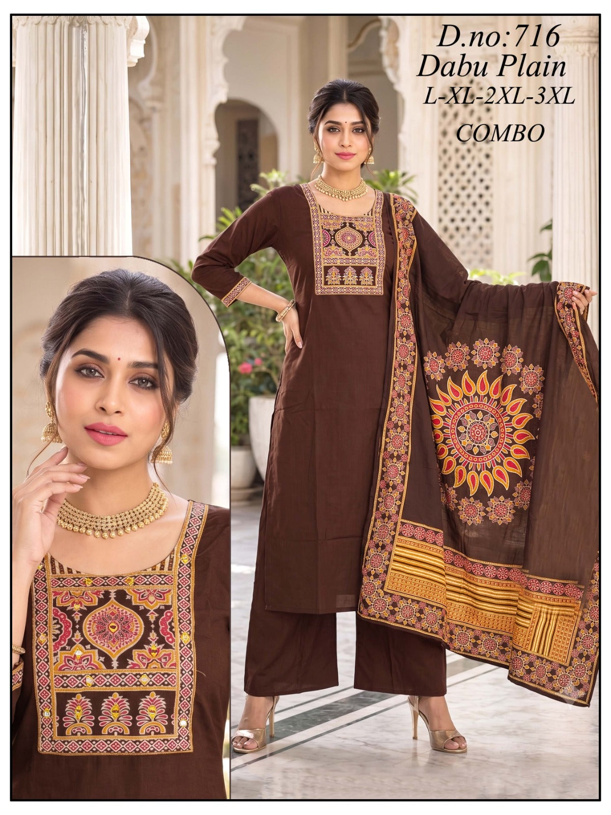 Graceful Dabu Cotton Kurti with Palazzo & Designer Dupatta Set