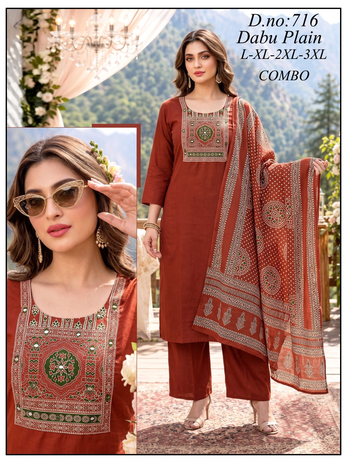 Graceful Dabu Cotton Kurti with Palazzo & Designer Dupatta Set