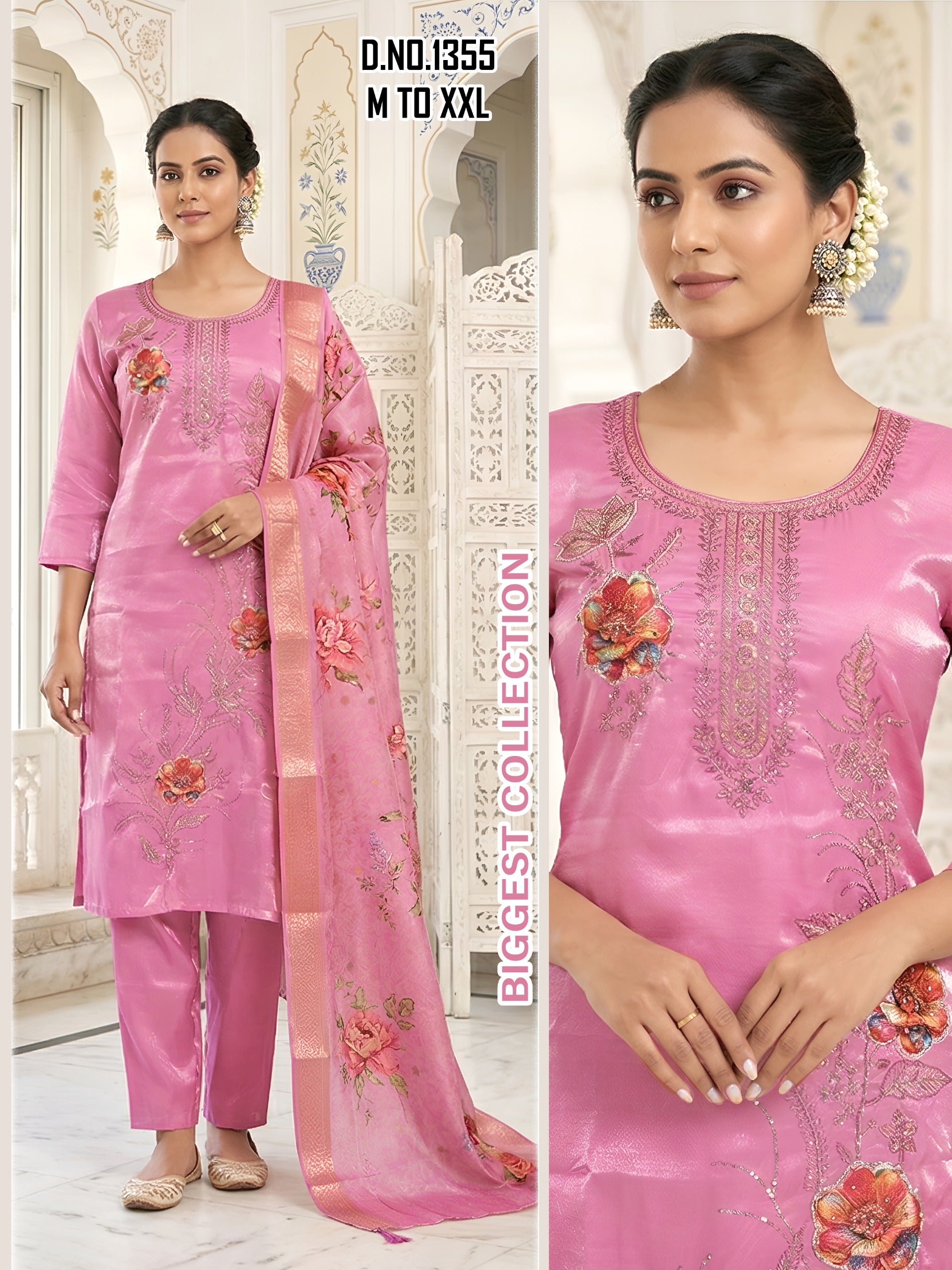 Elegant Glass Roman Silk Suit with Patch Work & Delicate Handwork