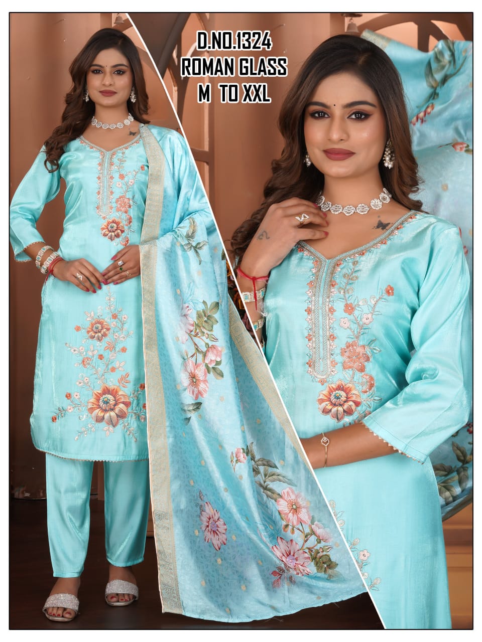 Elegant Glass Roman Silk Suit with Patch Work & Delicate Handwork