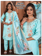 Elegant Roman Glass Silk Suit with Floral Patch & Handwork
