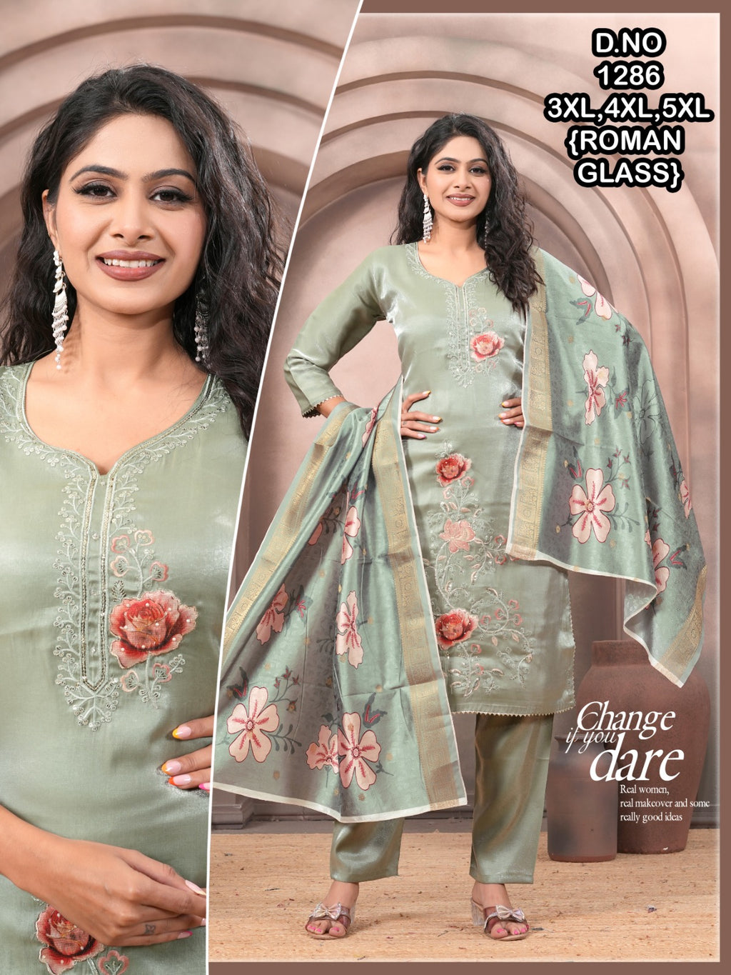 Elegant Glass Roman Silk Suit with Patch Work & Delicate Handwork