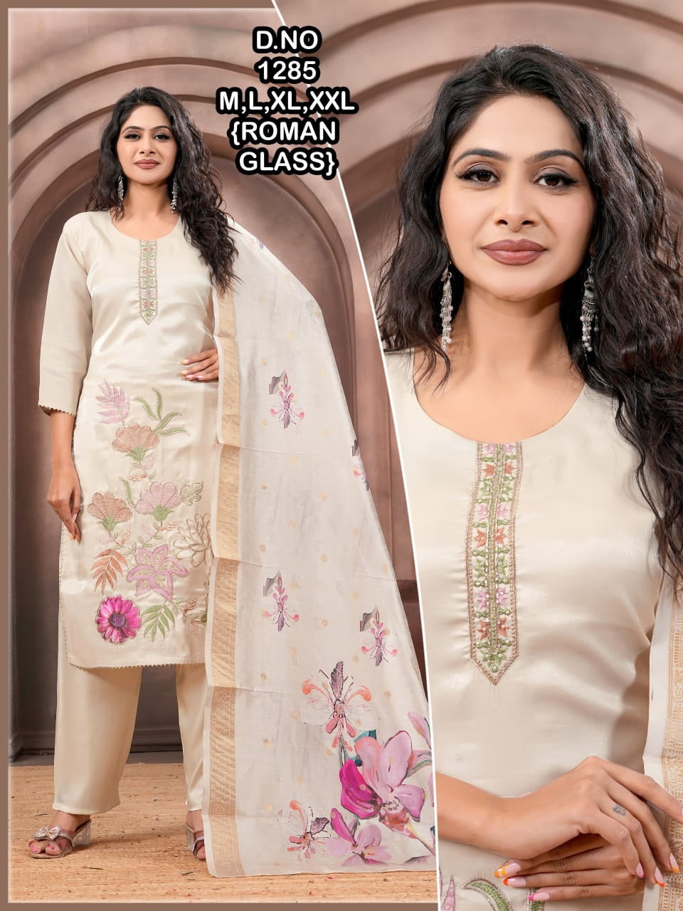 Elegant Glass Roman Silk Suit with Patch Work & Delicate Handwork