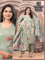 Elegant Roman Glass Silk Suit with Floral Patch & Handwork