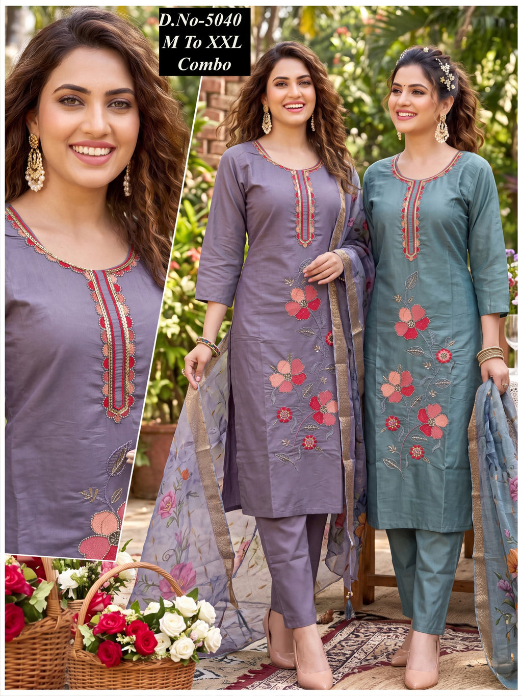 Chic Roman Silk Embroidered Suit Combo with Printed Dupatta