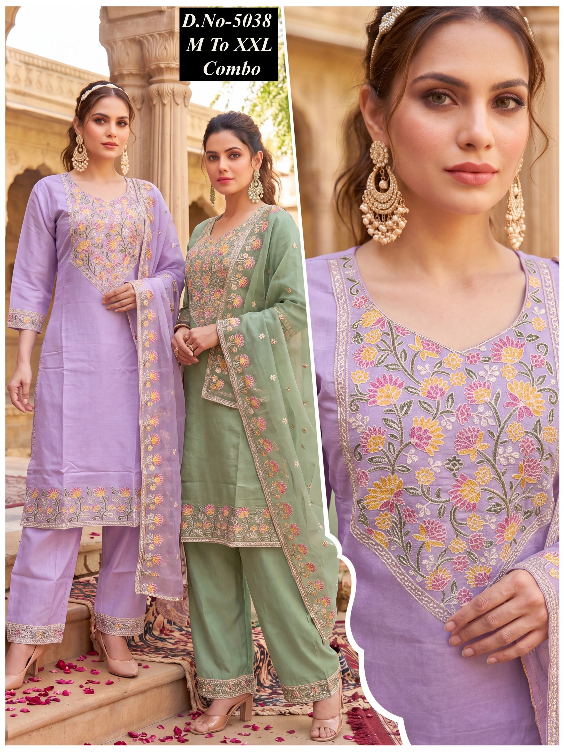 Graceful Roman Silk Embroidered Suit Combo with Beads Work
