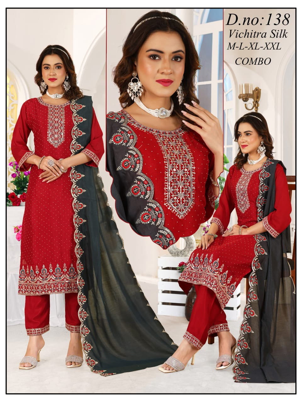 Stunning Vichitra Silk Embroidered Suit Set with Cutwork Dupatta