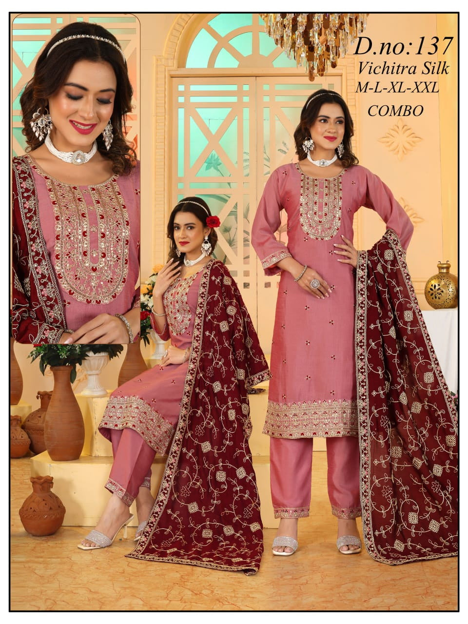 Vichitra Silk Embroidered Suit Set with Rich Heavy Border Dupatta