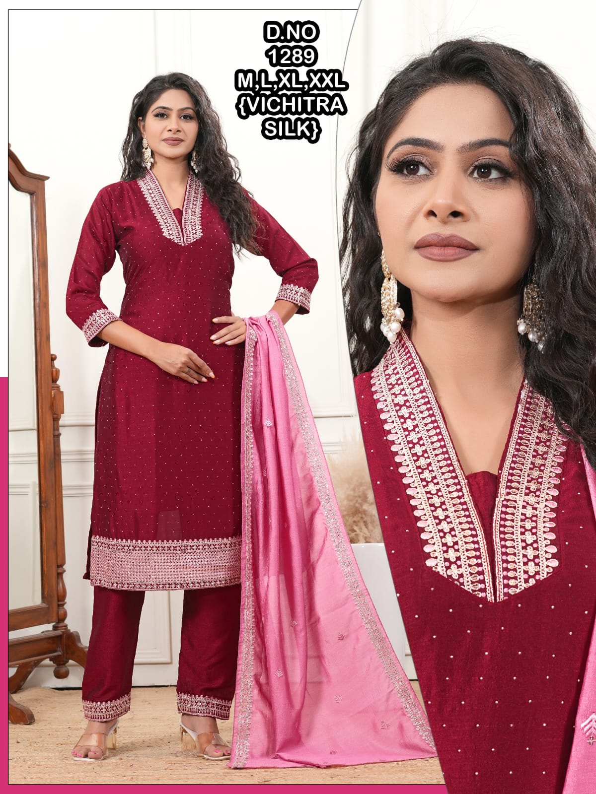 Stunning Vichitra Silk V-Neck Suit Set with Panel & Siroski Work