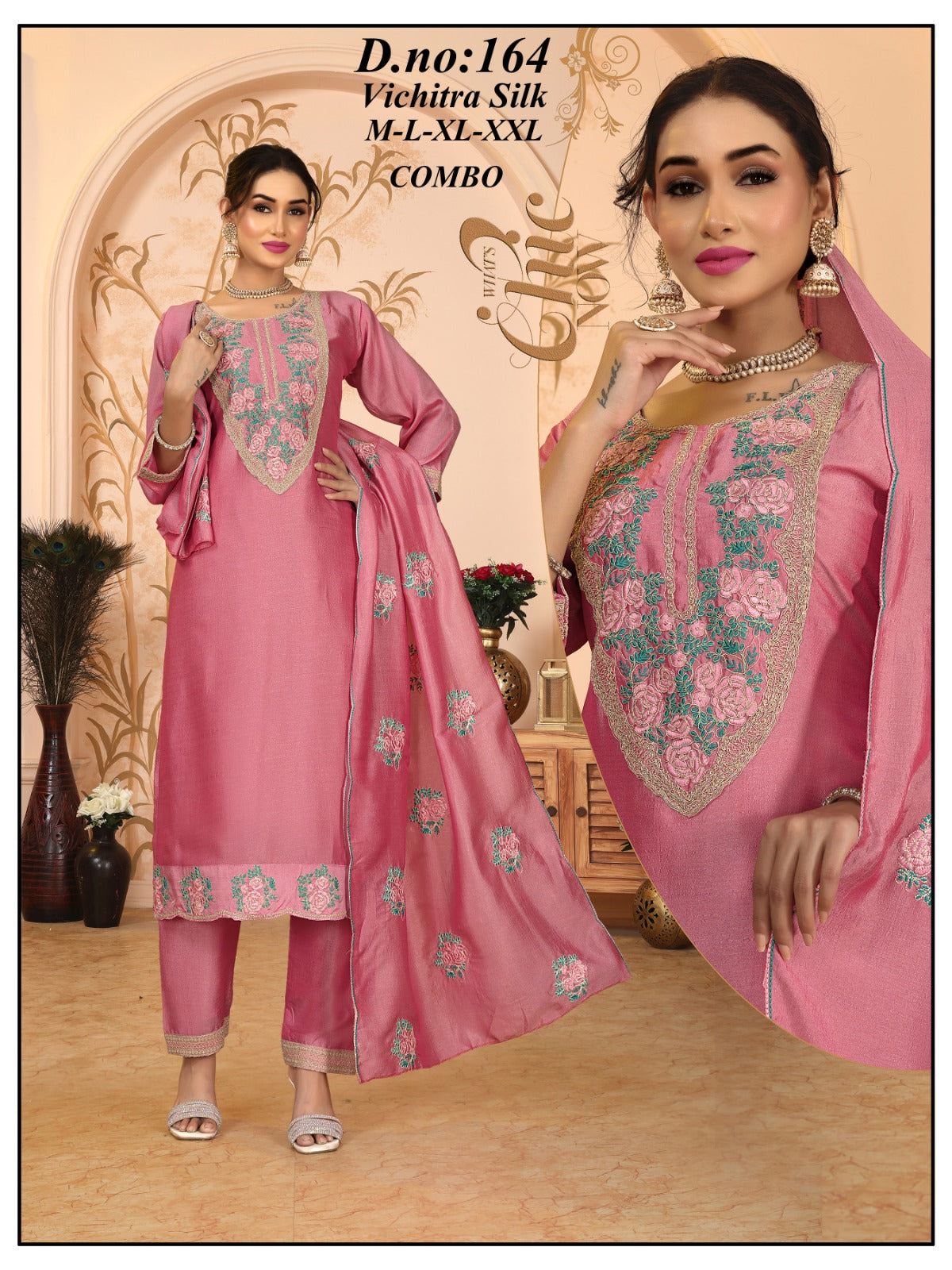 Graceful Vichitra Silk Embroidered 3Pc Suit Set with Matching Dupatta