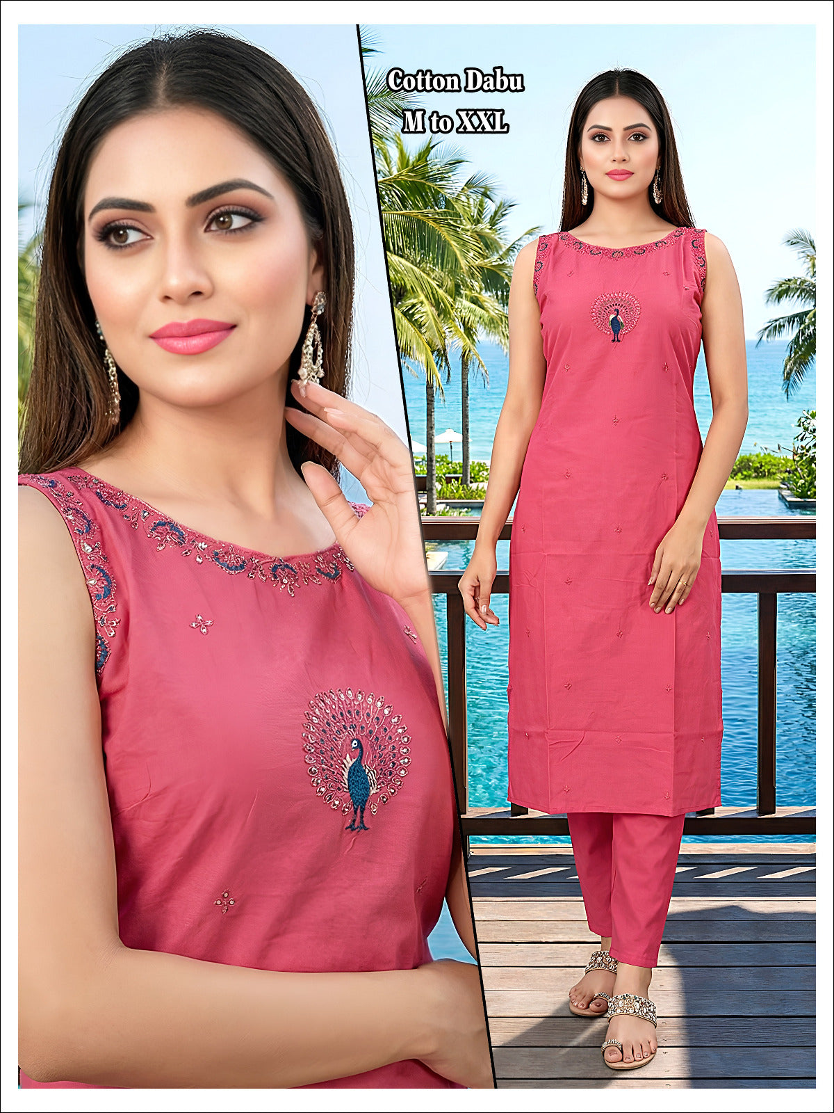 Stylish Dabu Cotton Sleeveless 2Pc Co-Ord Set with Peacock Embroidery