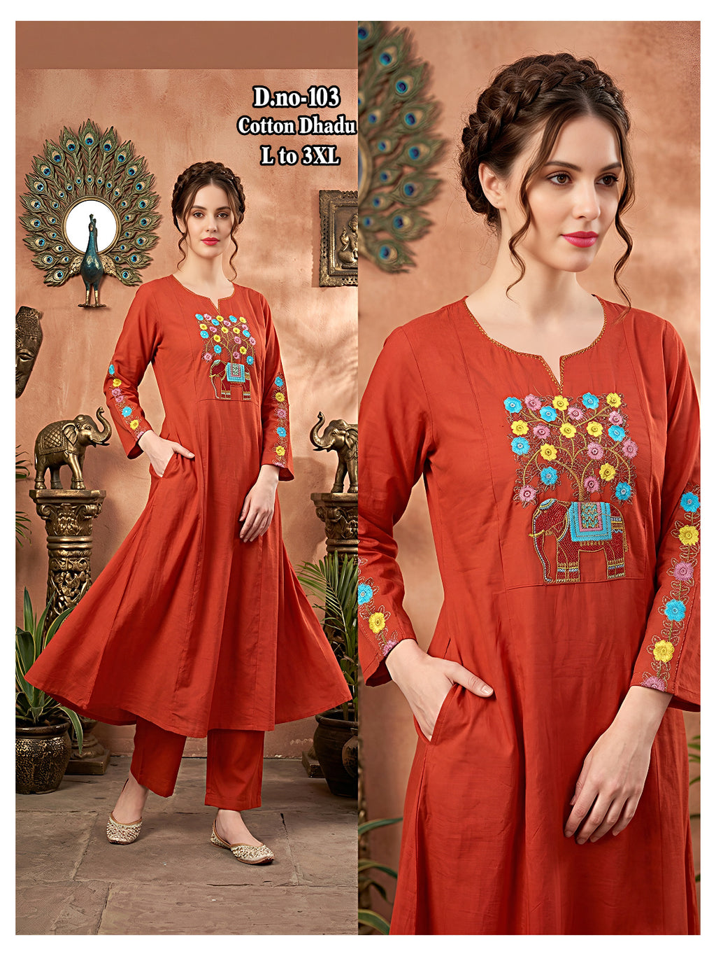 Chic Dhabu Cotton A-Line Kurta & Palazzo 2Pc Set with Yoke & Sleeve Handwork