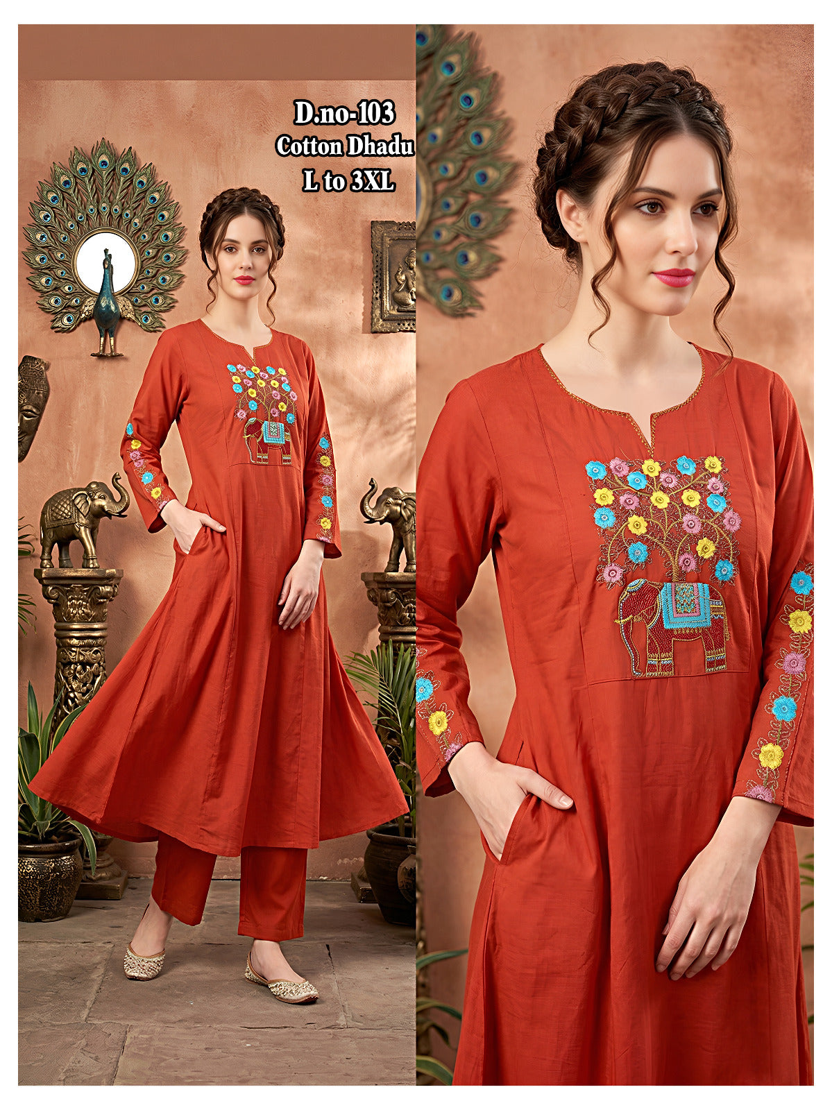 Chic Dhabu Cotton A-Line Kurta & Palazzo 2Pc Set with Yoke & Sleeve Handwork
