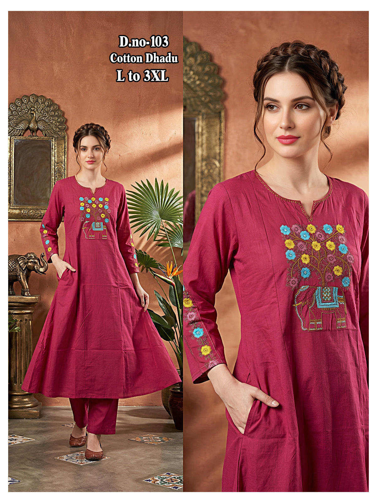 Chic Dhabu Cotton A-Line Kurta & Palazzo 2Pc Set with Yoke & Sleeve Handwork