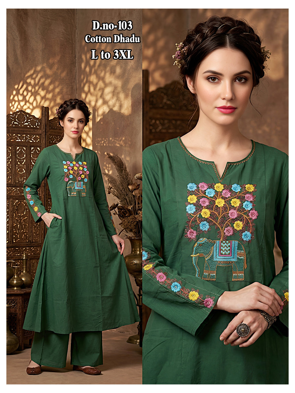 Chic Dhabu Cotton A-Line Kurta & Palazzo 2Pc Set with Yoke & Sleeve Handwork