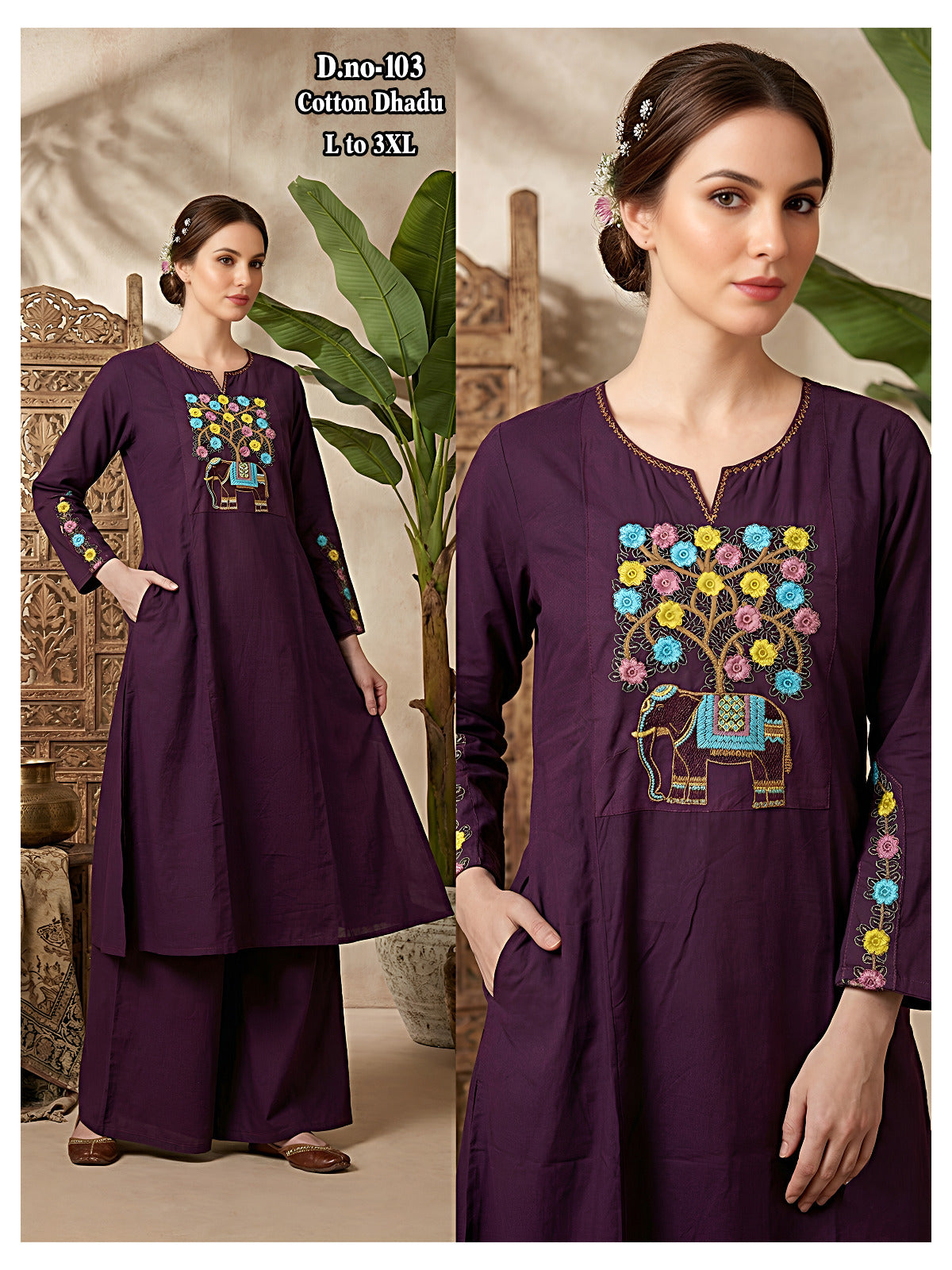 Chic Dhabu Cotton A-Line Kurta & Palazzo 2Pc Set with Yoke & Sleeve Handwork