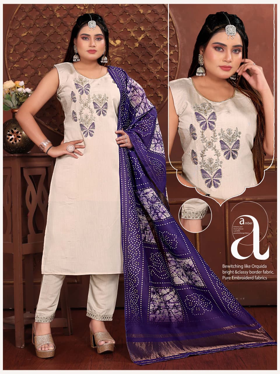 Elegant Plus Size Embroidered Suit Set with 2.5m Batik Print Chunni
