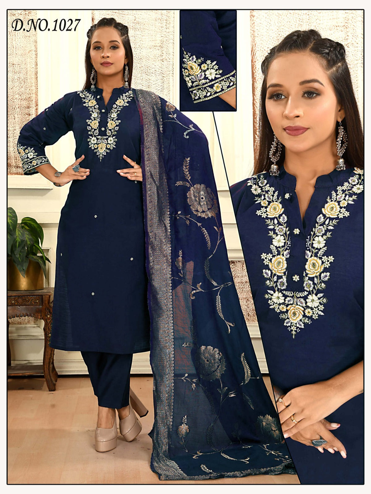 Royal Navy Blue Suit Set with Beautiful Hand Embroidery & Banarsi Dupatta