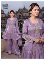 Luxurious Glass Roman Silk Short Kurti Sharara Set with Scalloped Cutwork Dupatta