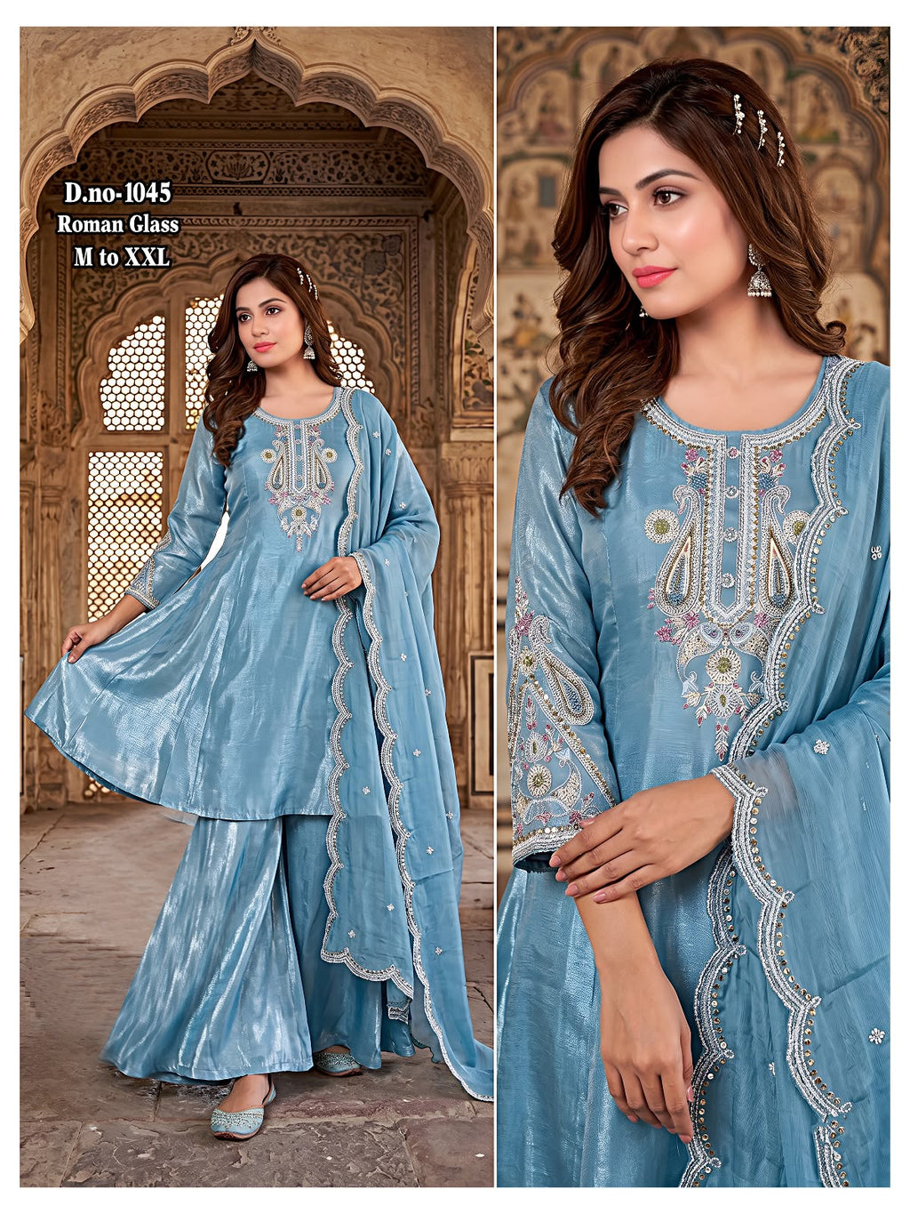 Luxurious Glass Roman Silk Short Kurti Sharara Set with Scalloped Cutwork Dupatta