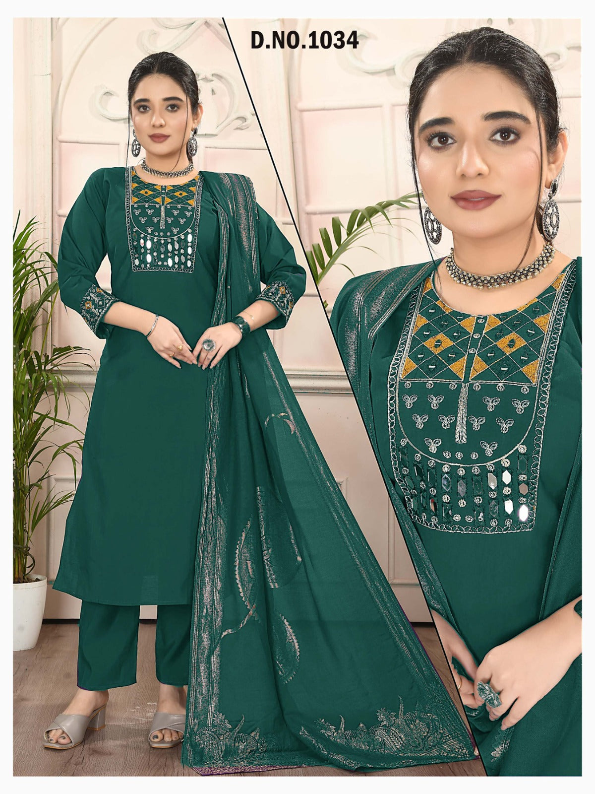 Gorgeous Heavy Roman Silk Suit Set with Mirror Work & Woven Dupatta