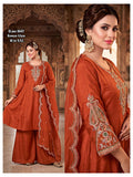 Rust Orange Roman Silk Flared Kurti & Palazzo Set with Embroidered Scalloped Dupatta
