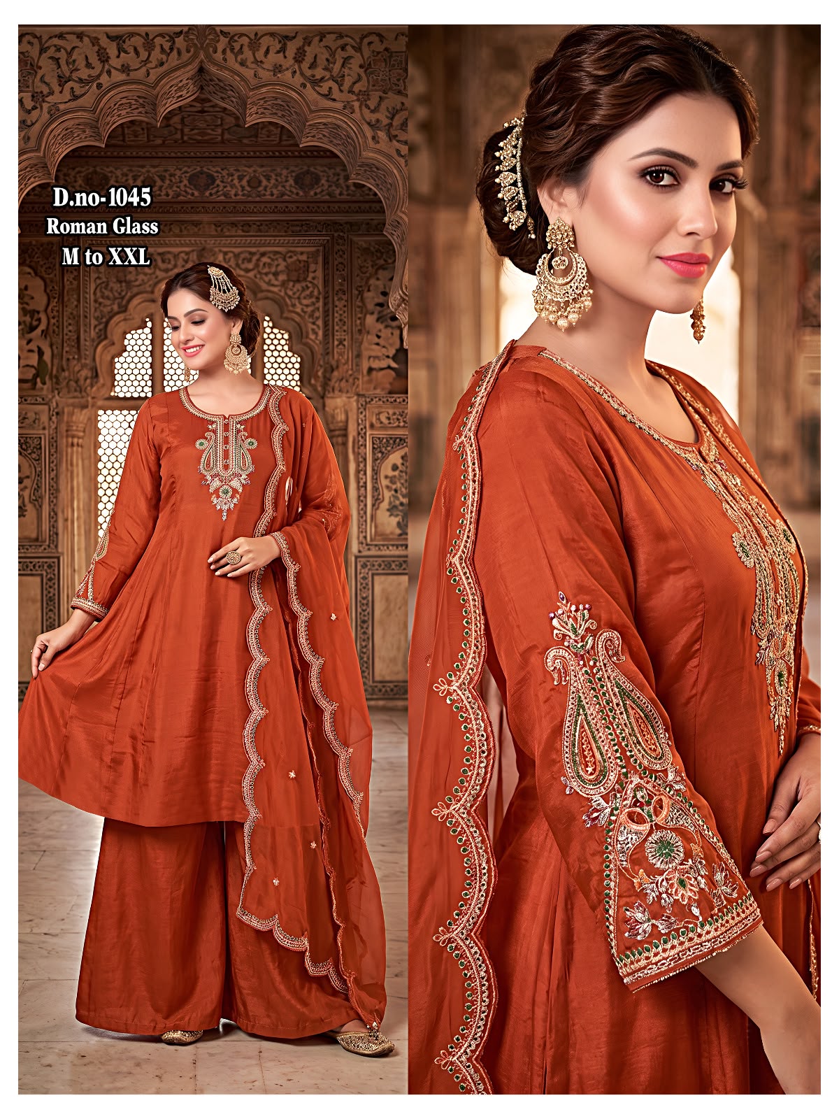 Rust Orange Roman Silk Flared Kurti & Palazzo Set with Embroidered Scalloped Dupatta