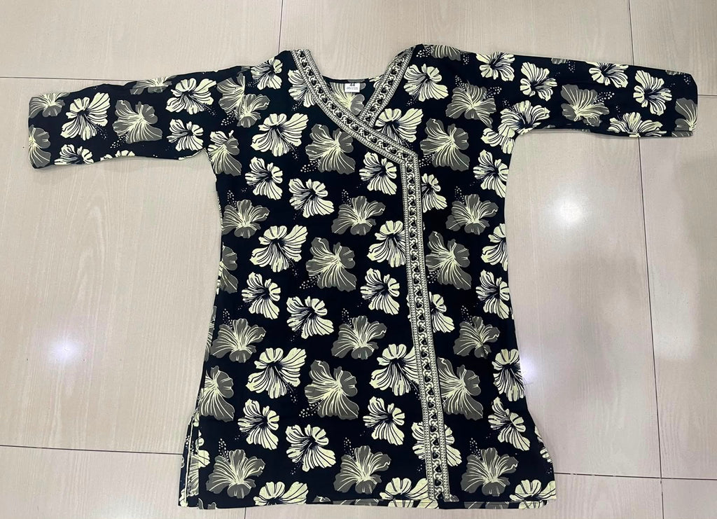 Stylish Black & White Floral Cotton Angrakha Short Kurti / Tunic