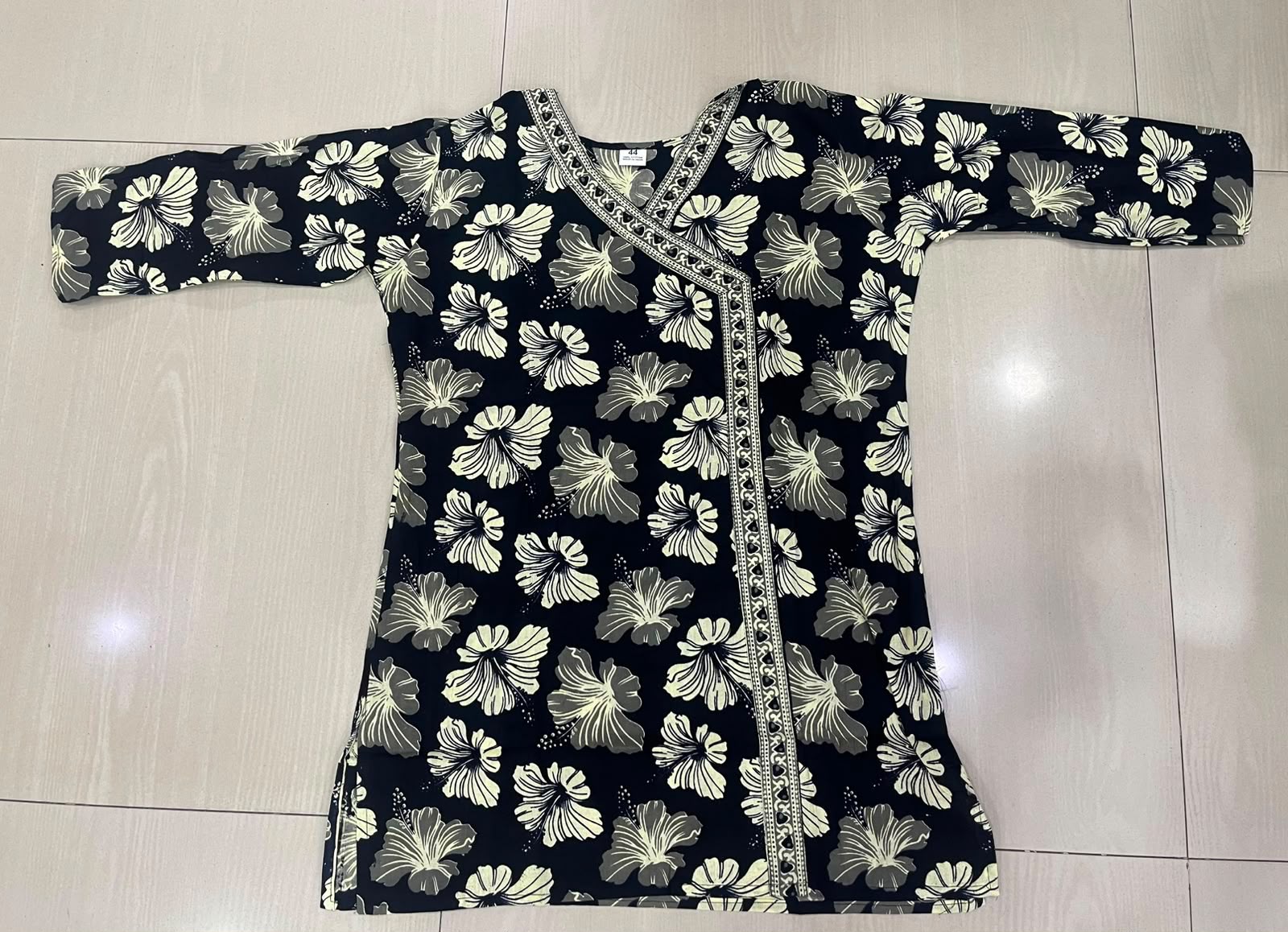 Stylish Black & White Floral Cotton Angrakha Short Kurti / Tunic