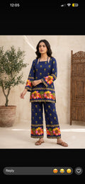 Trendy Navy Blue Floral Printed 60*60 Cotton 2Pc Co-Ord Set with Dori Neck Details