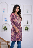 Elegant Floral Printed Vatican Viscose Short Kurti Tunic with Coil Work