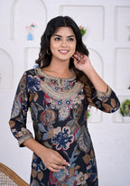 Elegant Floral Printed Vatican Viscose Short Kurti Tunic with Coil Work
