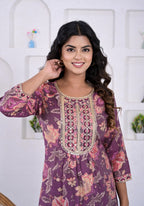 Elegant Floral Printed Vatican Viscose Short Kurti Tunic with Coil Work