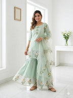 Elegant Mint Green Floral Printed 3pc Sharara Suit Set