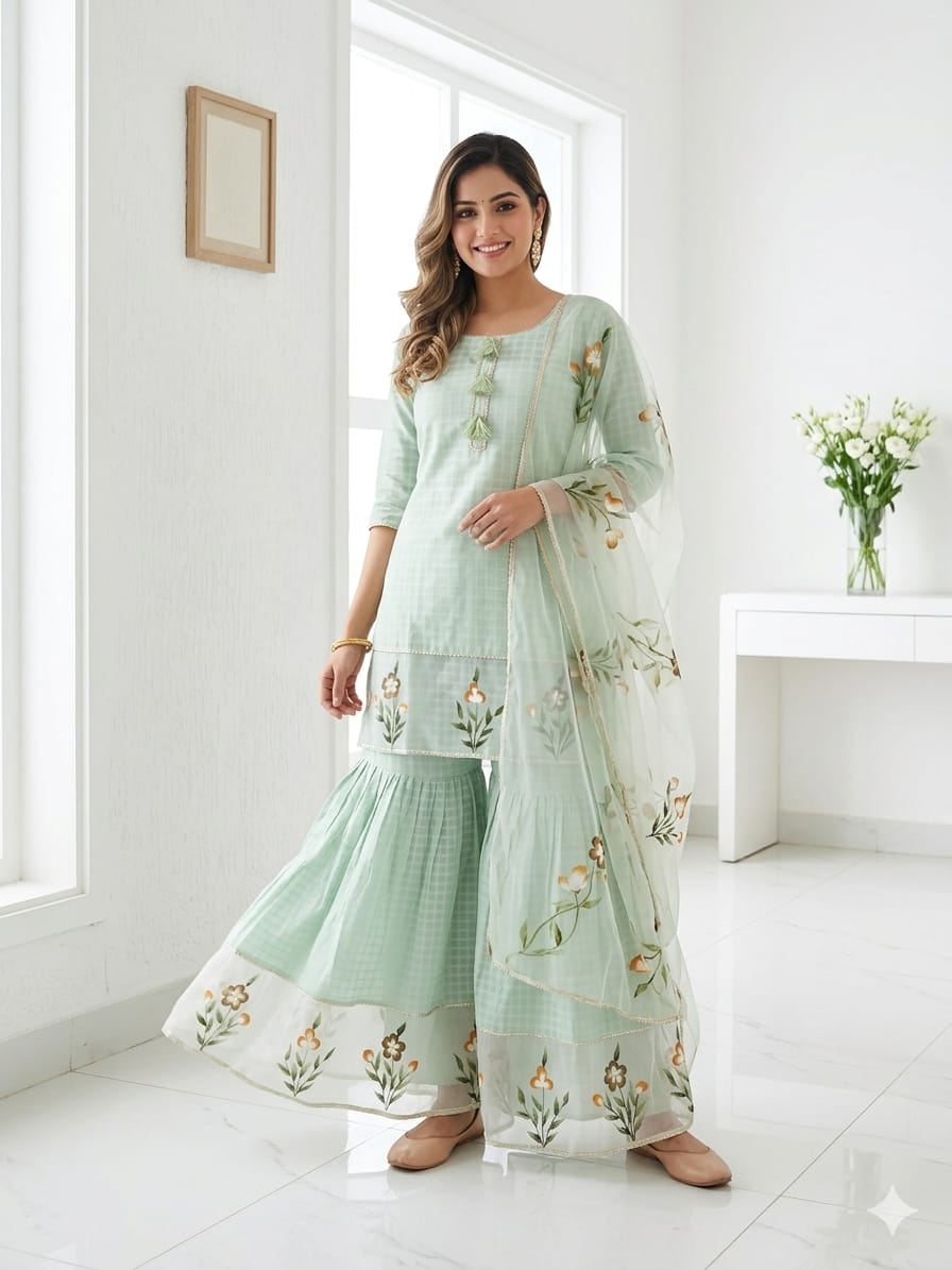 Elegant Mint Green Floral Printed 3pc Sharara Suit Set