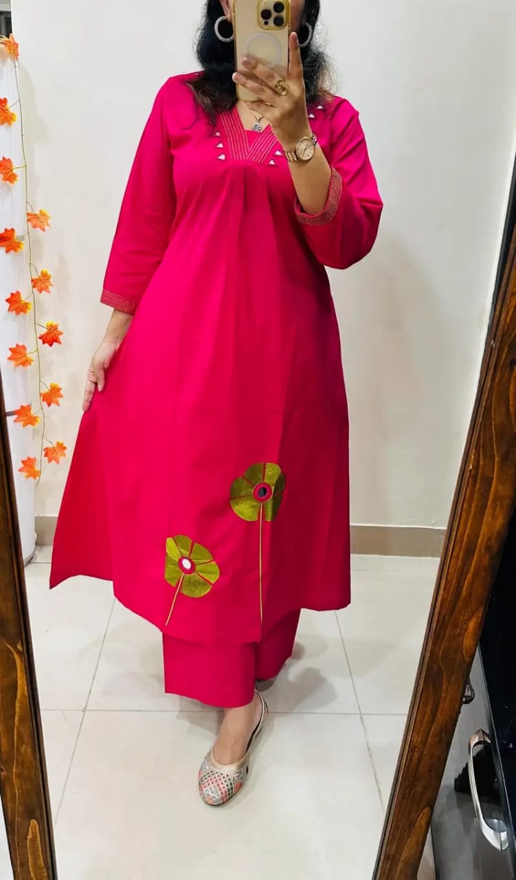 Pure Cotton 60x60 Flared Suit Set with Embroidery & Real Mirror Work