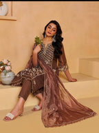House of Pataudi Women Mustard Yellow Embroidered Silk Blend Kurta Set with Dupatta