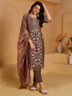 House of Pataudi Women Mustard Yellow Embroidered Silk Blend Kurta Set with Dupatta